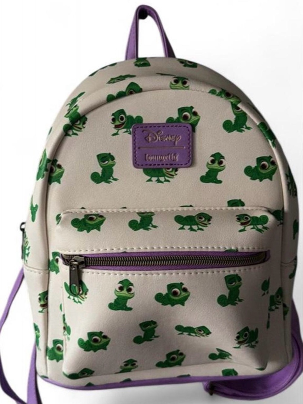 Disney Loungefly Tangled Mini Backpack with Green Pascal Print and Purple Trim